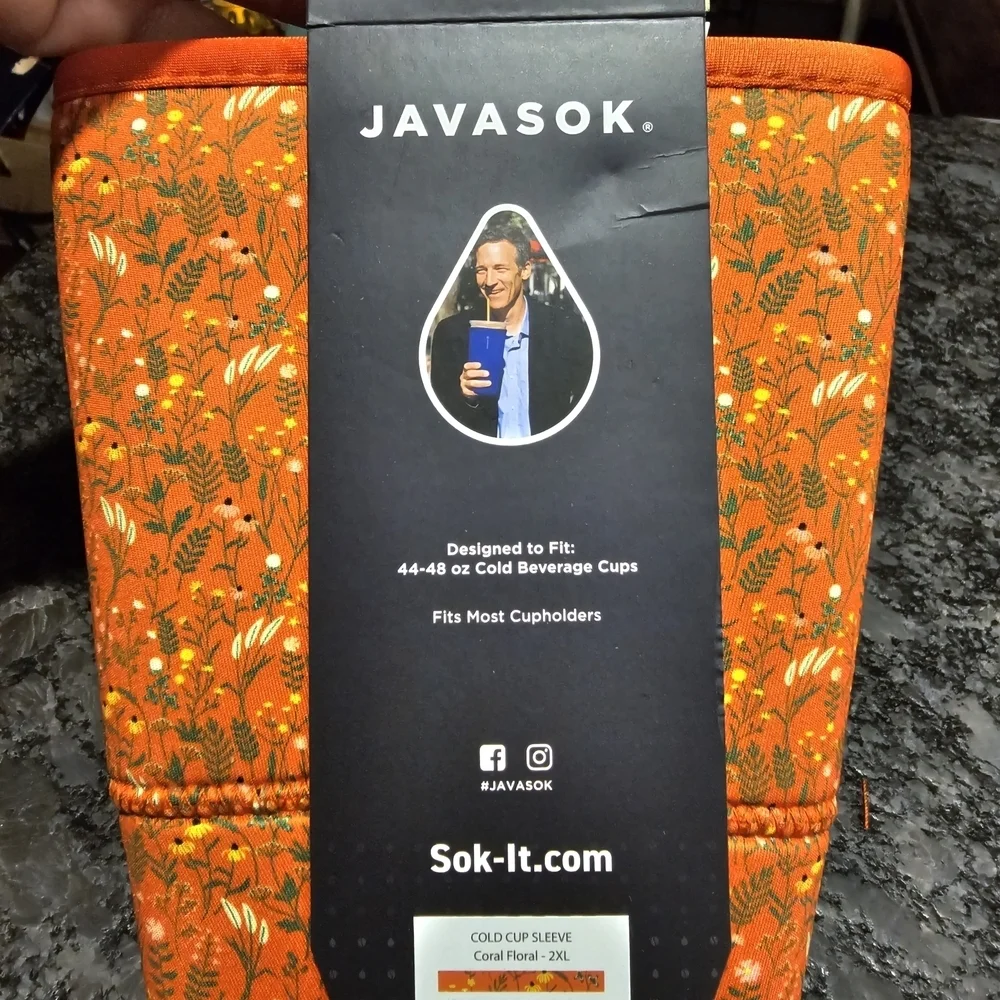 NWT JAVA SOK Orange Floral Print  Insulating Ice Coffee Sleeve XXL